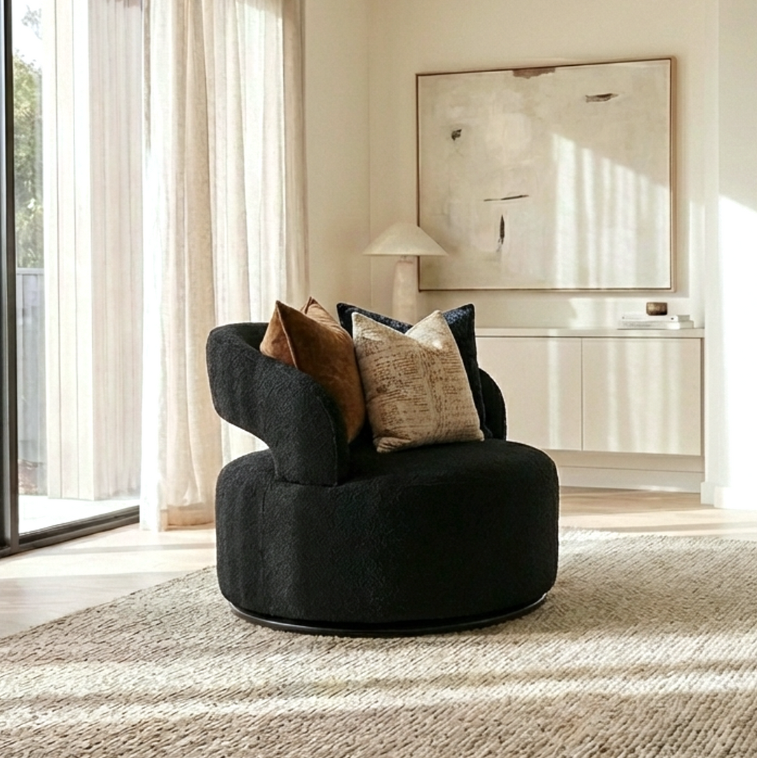 Coco Noir Swivel Accent Chair – Milan Fabric | Curved Sculptural Form | 360° Swivel | Black - Greenora Living