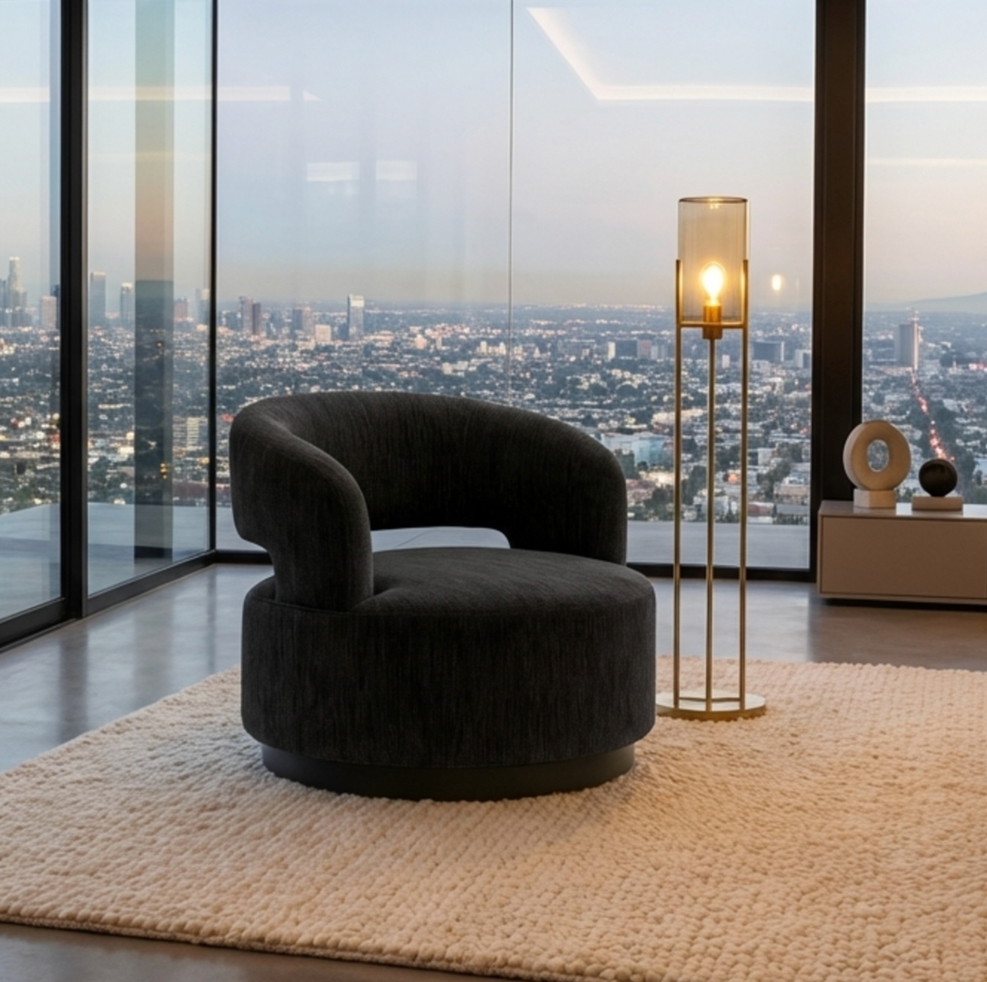 Coco Noir Swivel Accent Chair – Milan Fabric | Curved Sculptural Form | 360° Swivel | Black - Greenora Living