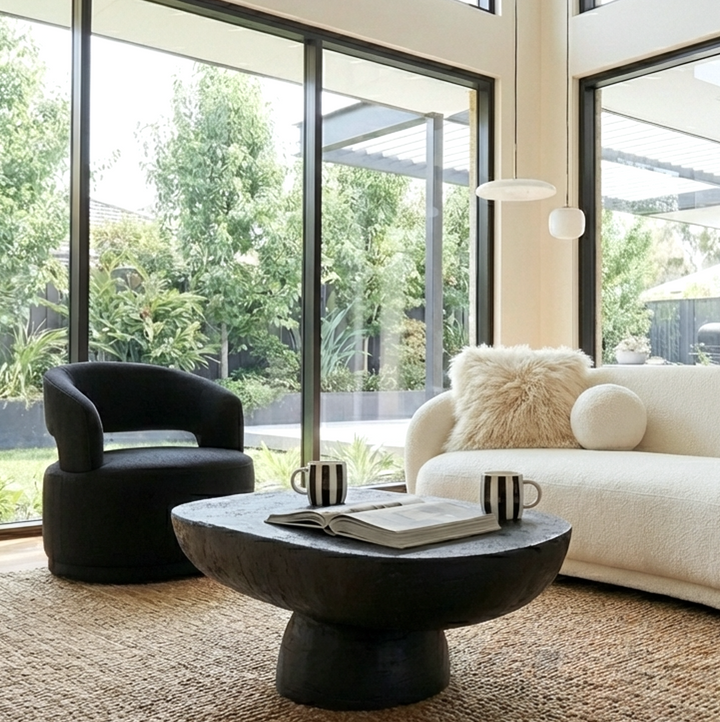 Coco Noir Swivel Accent Chair – Milan Fabric | Curved Sculptural Form | 360° Swivel | Black - Greenora Living