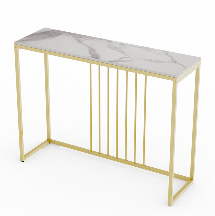 Aurelia Console Table – Sintered Stone Marble Top, Gold Iron Frame &amp; 30kg Capacity | 120cm | White &amp; Gold - Greenora Living