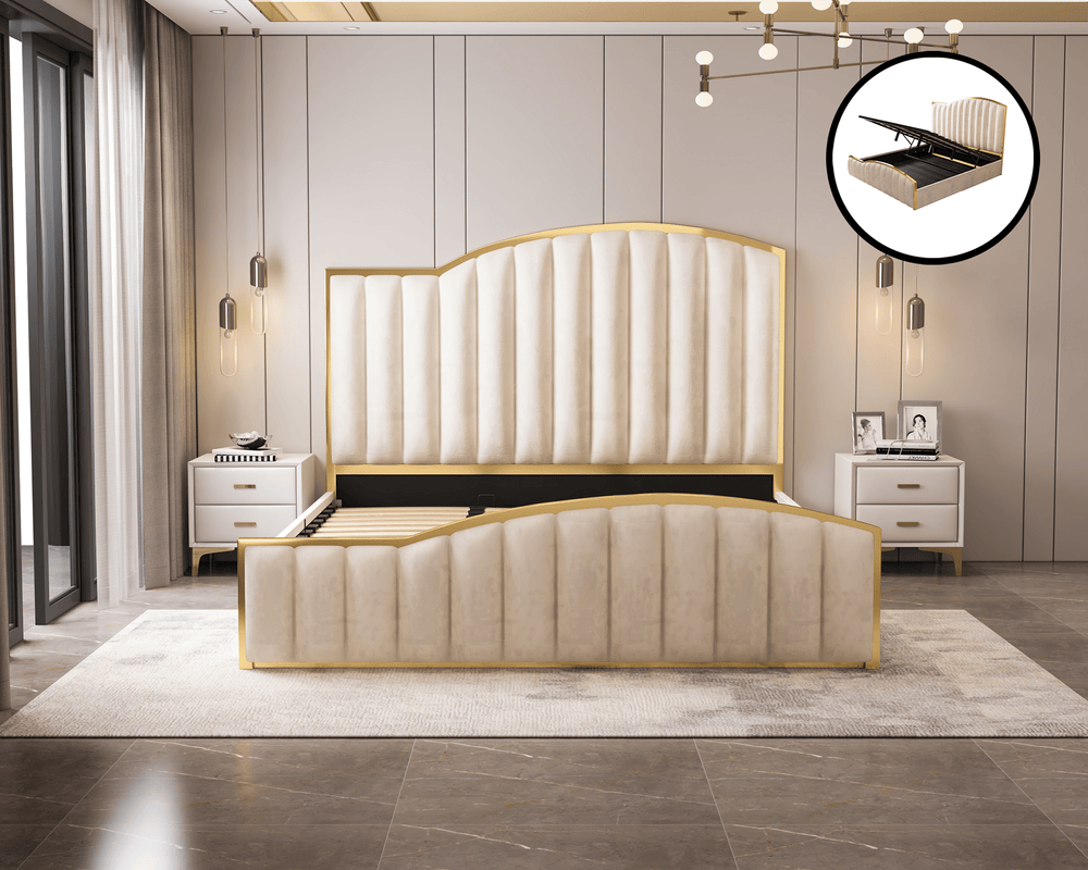 Starshine Beige King Bed Frame | 152cm Curved Velvet Headboard & Gas Lift Storage | Greenora Living Australia