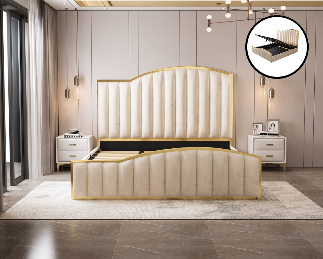 Starshine Beige King Bed Frame – Velvet, 152cm Curved Headboard, Gold Trim & Gas Lift Storage | Deep Quilting - Greenora Living