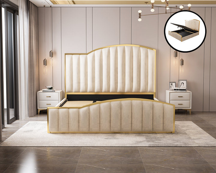 Starshine Beige King Bed Frame – Velvet, 152cm Curved Headboard, Gold Trim &amp; Gas Lift Storage | Deep Quilting - Greenora Living