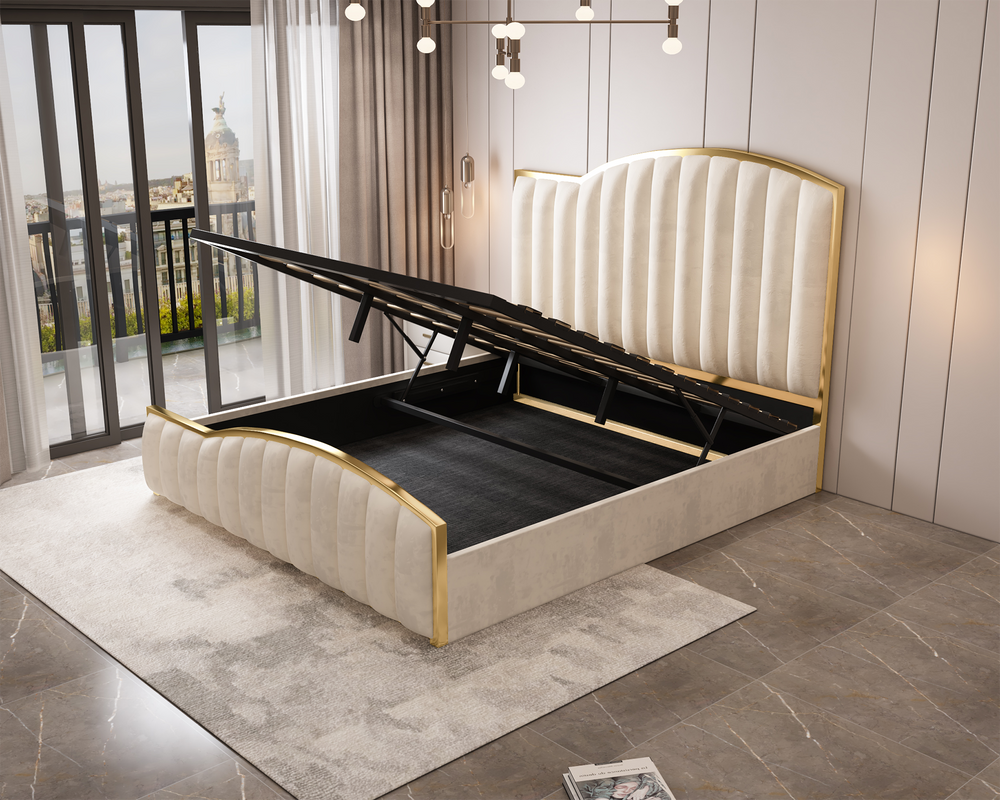 Starshine Beige King Bed Frame – Velvet, 152cm Curved Headboard, Gold Trim & Gas Lift Storage | Deep Quilting - Greenora Living