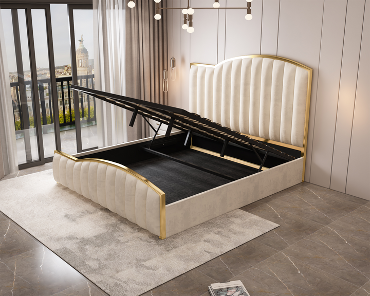 Starshine Beige King Bed Frame – Velvet, 152cm Curved Headboard, Gold Trim &amp; Gas Lift Storage | Deep Quilting - Greenora Living