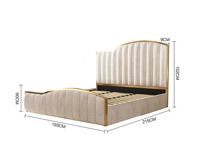 Starshine Beige King Bed Frame – Velvet, 152cm Curved Headboard, Gold Trim &amp; Gas Lift Storage | Deep Quilting - Greenora Living