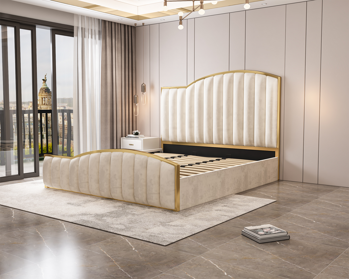 Starshine Beige King Bed Frame – Velvet, 152cm Curved Headboard, Gold Trim &amp; Gas Lift Storage | Deep Quilting - Greenora Living