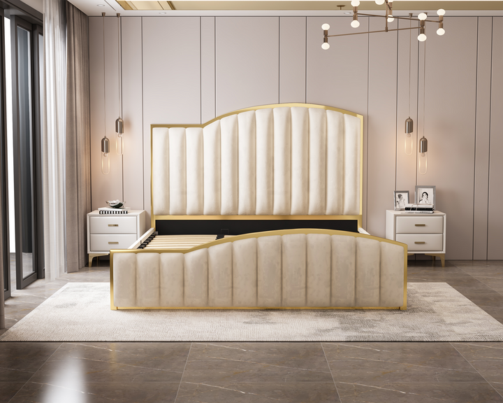Starshine Beige King Bed Frame – Velvet, 152cm Curved Headboard, Gold Trim &amp; Gas Lift Storage | Deep Quilting - Greenora Living