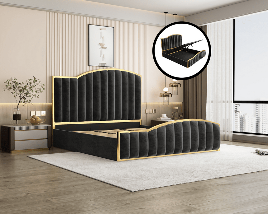 Starshine Charcoal King Bed Frame | 152cm Curved Velvet Headboard & Gas Lift Storage | Greenora Living Australia