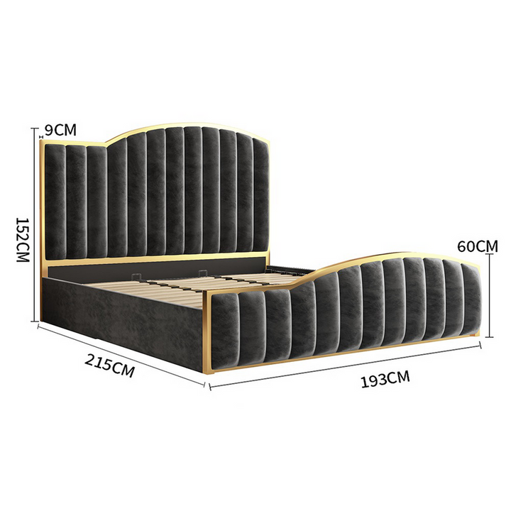 Starshine Charcoal King Bed Frame – Velvet, 152cm Curved Headboard, Gold Trim &amp; Gas Lift Storage | Deep Quilting - Greenora Living