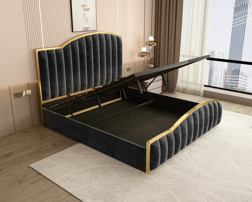 Starshine Charcoal King Bed Frame – Velvet, 152cm Curved Headboard, Gold Trim &amp; Gas Lift Storage | Deep Quilting - Greenora Living