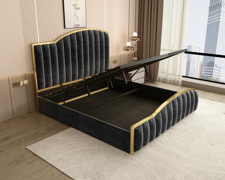 Starshine Charcoal King Bed Frame – Velvet, 152cm Curved Headboard, Gold Trim &amp; Gas Lift Storage | Deep Quilting - Greenora Living