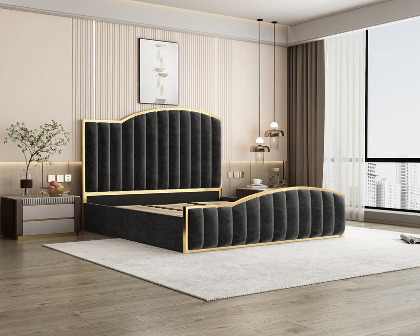 Starshine Charcoal King Bed Frame – Velvet, 152cm Curved Headboard, Gold Trim &amp; Gas Lift Storage | Deep Quilting - Greenora Living