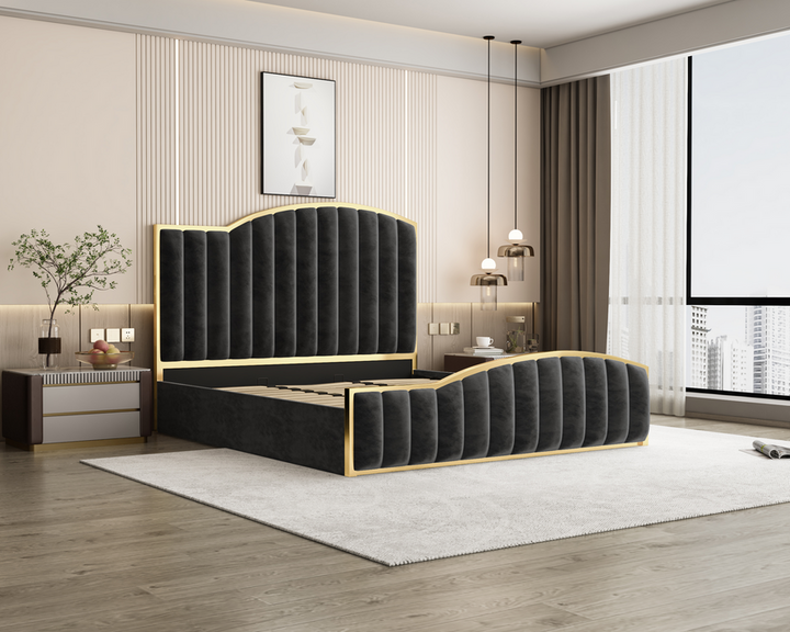 Starshine Charcoal King Bed Frame – Velvet, 152cm Curved Headboard, Gold Trim &amp; Gas Lift Storage | Deep Quilting - Greenora Living