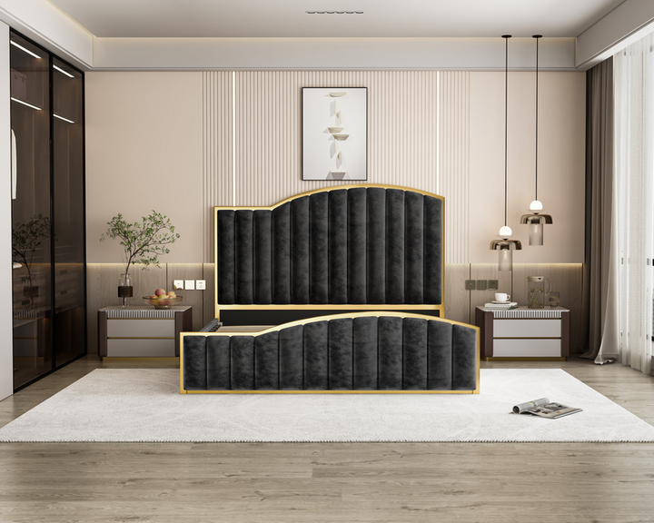 Starshine Charcoal King Bed Frame – Velvet, 152cm Curved Headboard, Gold Trim &amp; Gas Lift Storage | Deep Quilting - Greenora Living