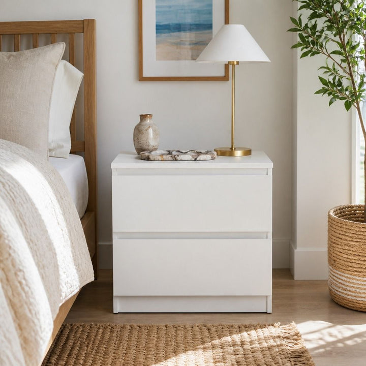 Kora Warm White Bedside Table – 2 Drawers