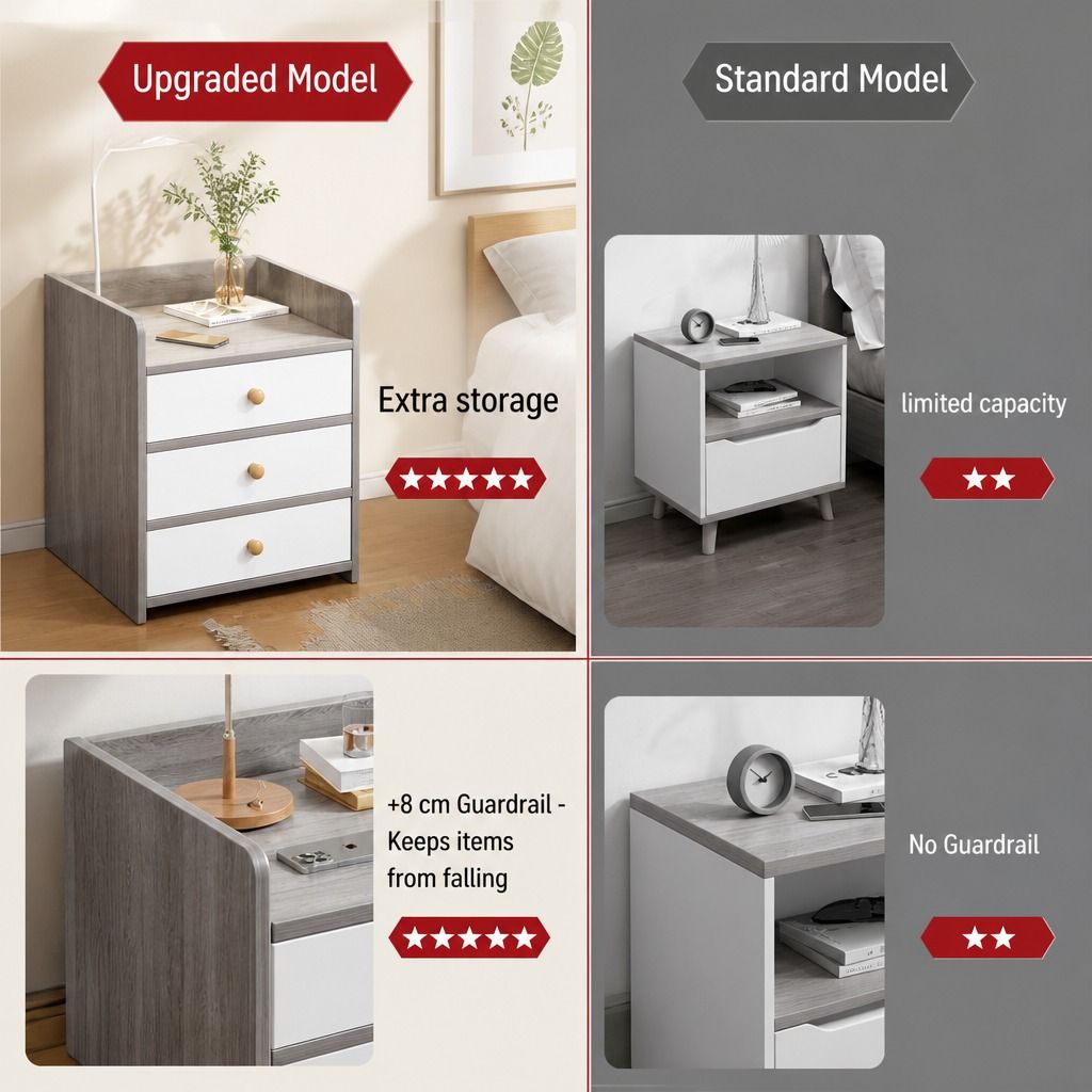 Marlow Light Grey Bedside Table – 3 Drawers – product view 3