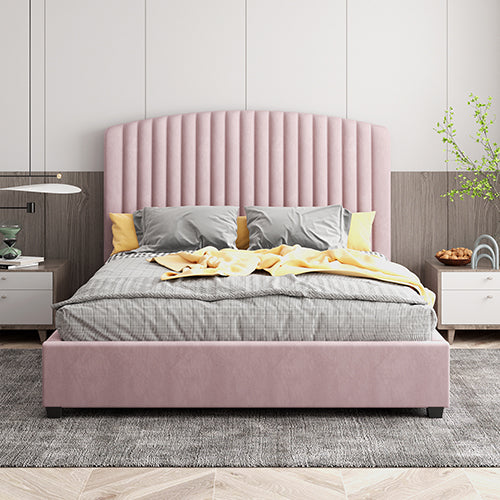 Camelia Pink Queen Bed Frame – Velvet Upholstery, Quilted High Headboard &amp; Metal Structure | Plywood Slats - Greenora Living