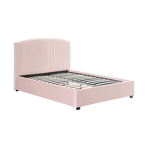 Camelia Pink Queen Bed Frame – Velvet Upholstery, Quilted High Headboard &amp; Metal Structure | Plywood Slats - Greenora Living