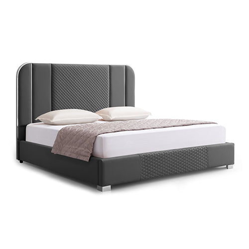 Halcyon Black King Bed Frame – Air Leather, Alexander Quilted Headboard &amp; Footboard | Polished Stainless Steel Feet - Greenora Living