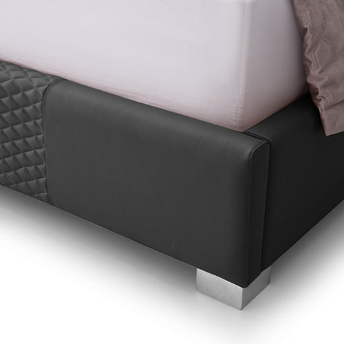 Halcyon Black Queen Bed Frame – Air Leather, Alexander Quilted Headboard &amp; Footboard | Polished Stainless Steel Feet - Greenora Living