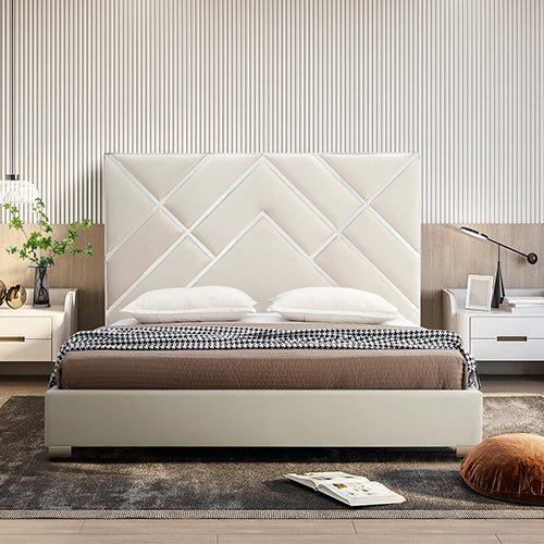 Matrix Beige King Bed Frame | Foam Quilted Headboard, Premium Fabric & Stainless Steel Feet | Greenora Living Australia