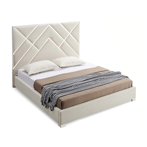 Matrix Beige King Bed Frame – Foam Quilted Headboard, Premium Fabric Upholstery &amp; Polished Stainless Steel Feet | Plywood - Greenora Living