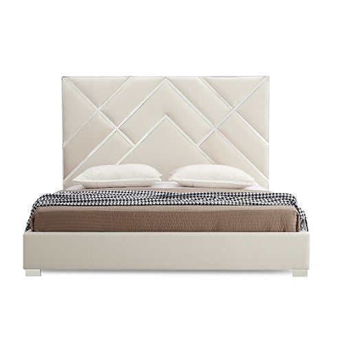 Matrix Beige King Bed Frame – Foam Quilted Headboard, Premium Fabric Upholstery &amp; Polished Stainless Steel Feet | Plywood - Greenora Living