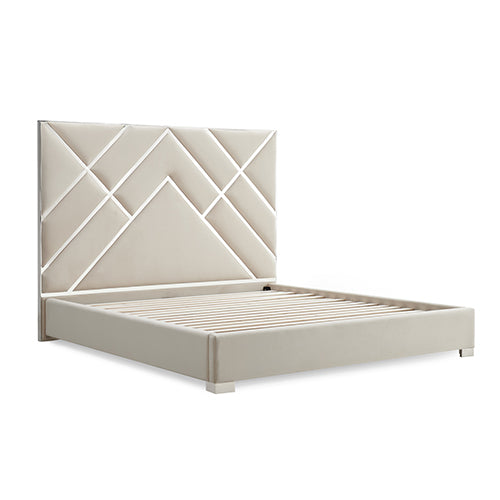 Matrix Beige King Bed Frame – Foam Quilted Headboard, Premium Fabric Upholstery &amp; Polished Stainless Steel Feet | Plywood - Greenora Living