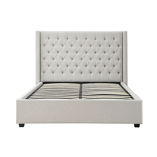 Veronica Grey King Bed Frame – Winged Linen, Seam Grid Quilted Headboard &amp; Gas Lift Storage | Metal Structure - Greenora Living