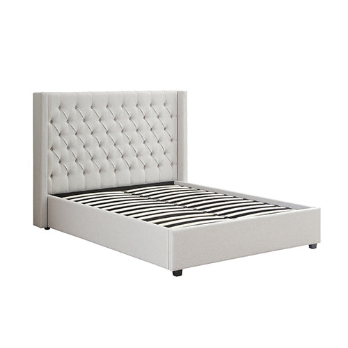 Veronica Grey King Bed Frame – Winged Linen, Seam Grid Quilted Headboard &amp; Gas Lift Storage | Metal Structure - Greenora Living