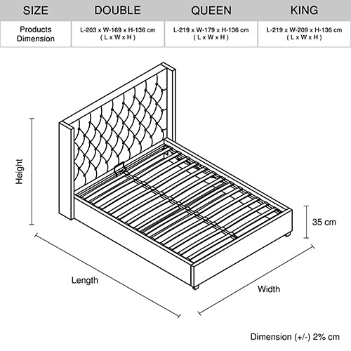 Veronica Grey King Bed Frame – Winged Linen, Seam Grid Quilted Headboard &amp; Gas Lift Storage | Metal Structure - Greenora Living