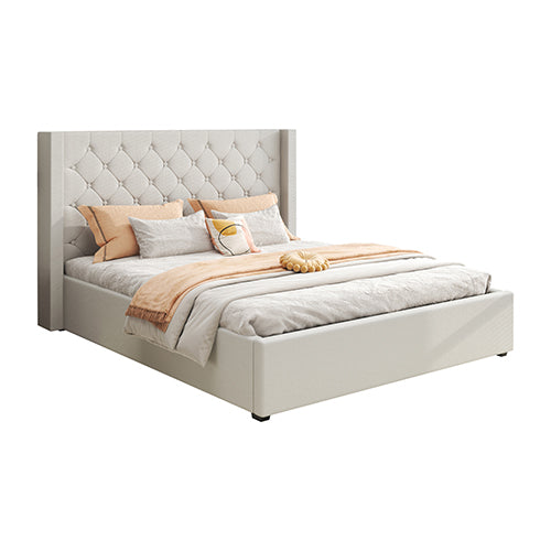 Veronica Grey Queen Bed Frame – Winged Linen, Seam Grid Quilted Headboard &amp; Gas Lift Storage | Metal Structure - Greenora Living
