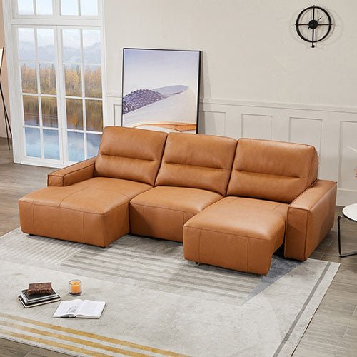 Albany 3-Seater Genuine Leather Chaise Sofa Bed | Tan, Power Slide &amp; USB Charging | Greenora Living Australia