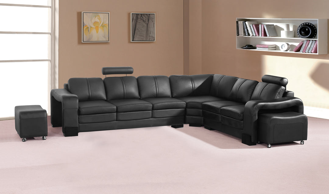 Majestic 6-Seater Black Faux Leather Corner Sofa Lounge Set with 2 Ottomans on Castors - Greenora Living