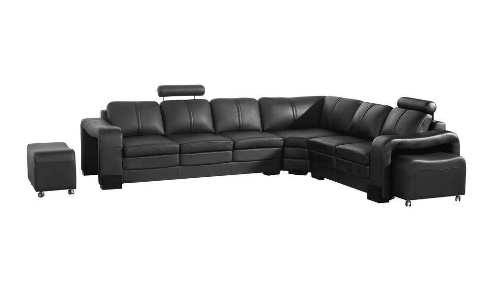 Majestic 6-Seater Black Faux Leather Corner Sofa Lounge Set with 2 Ottomans on Castors - Greenora Living