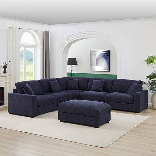 The Orion – Sea Blue Corner Sofa with Ottoman &amp; Fluffy Padded Seats - Greenora Living