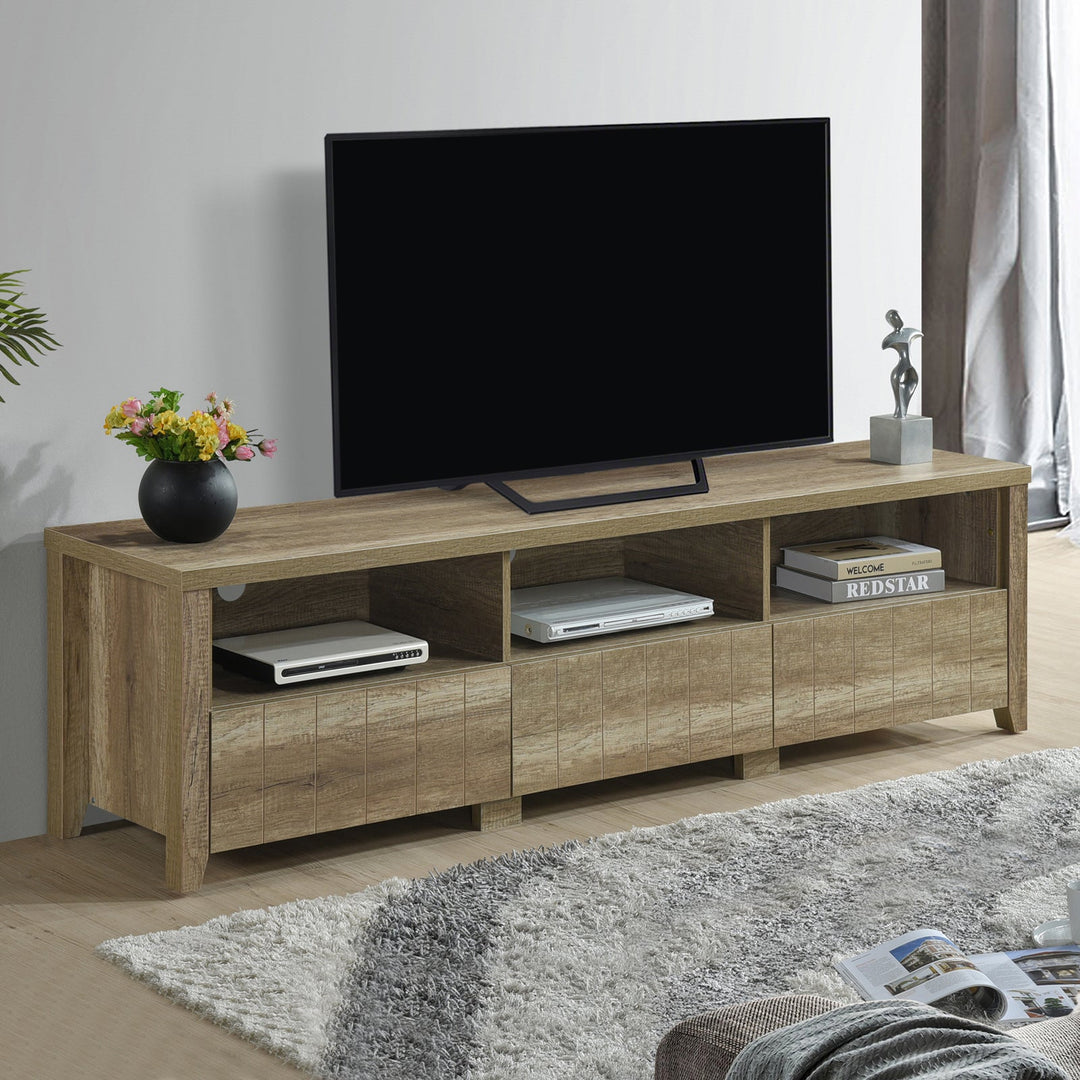 Dune Oak 180cm TV Unit – 3 Ball-Bearing Drawers & Pole Legs | Oak MDF - Greenora Living