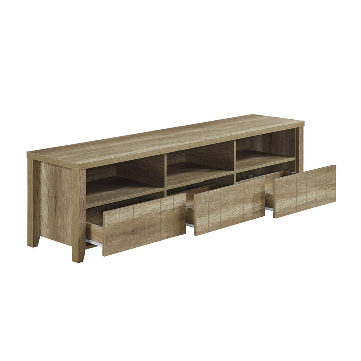 Dune Oak 180cm TV Unit – 3 Ball-Bearing Drawers &amp; Pole Legs | Oak MDF - Greenora Living