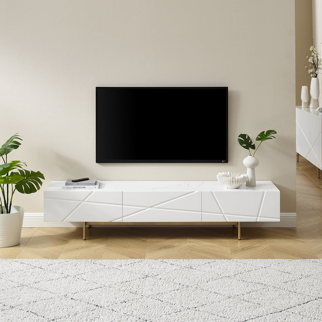 The Amara – Glossy White TV Unit with Ceramic Top & Gold Base - Greenora Living