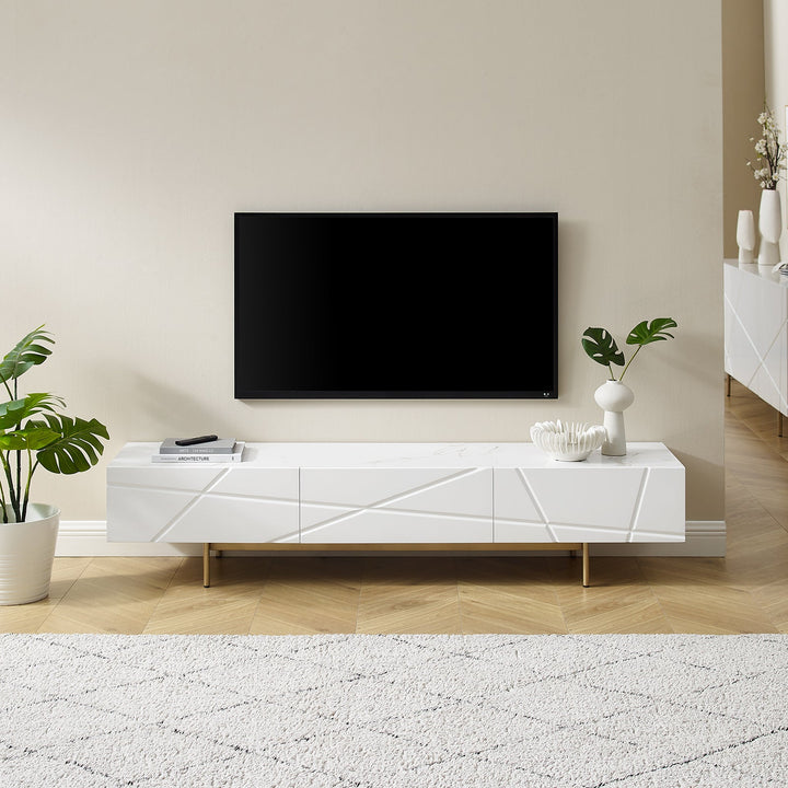 The Amara – Glossy White TV Unit with Ceramic Top &amp; Gold Base - Greenora Living