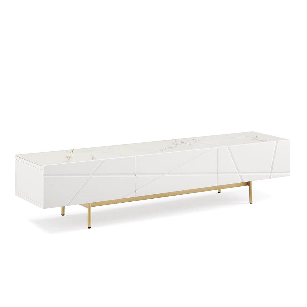 The Amara – Glossy White TV Unit with Ceramic Top & Gold Base - Greenora Living