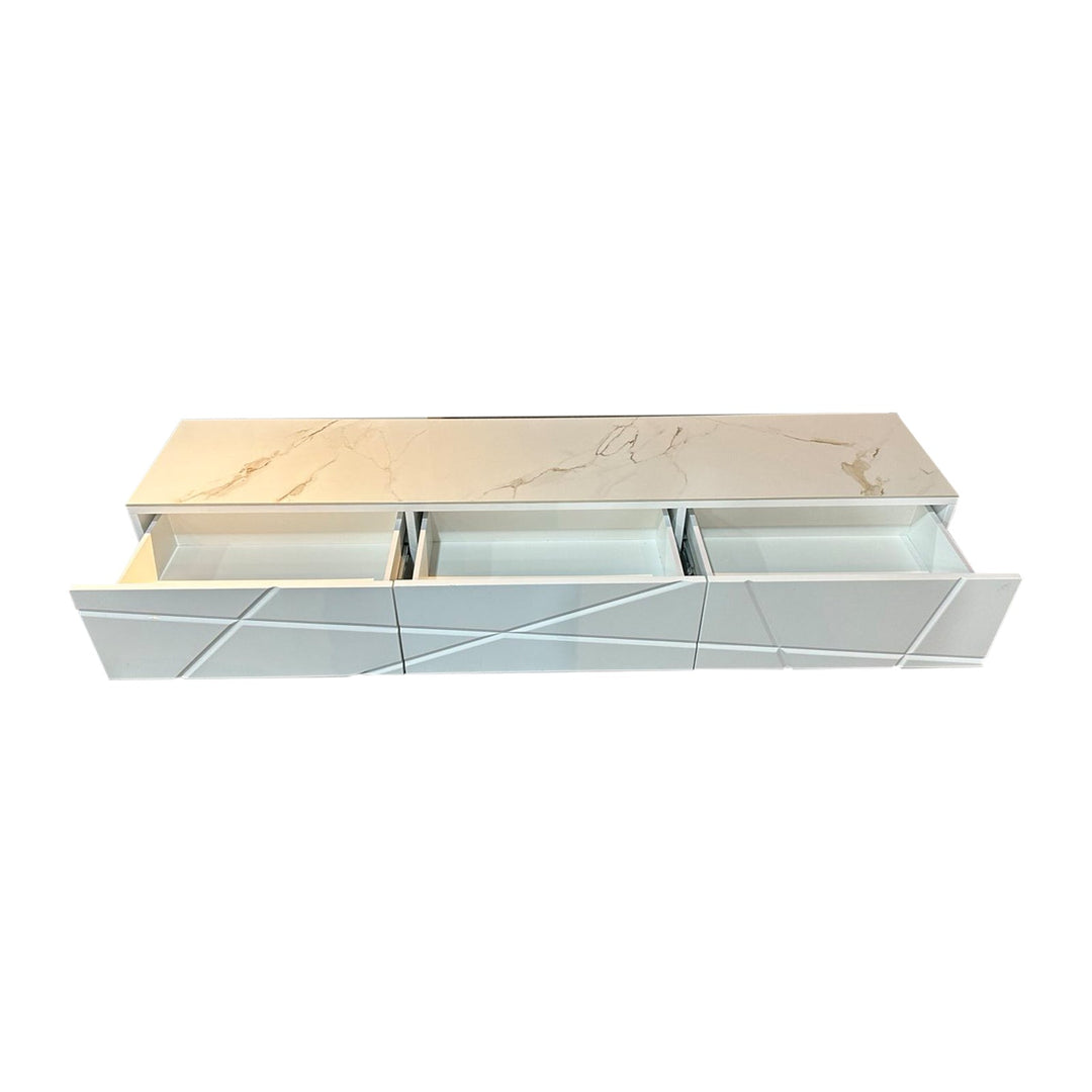 The Amara – Glossy White TV Unit with Ceramic Top &amp; Gold Base - Greenora Living