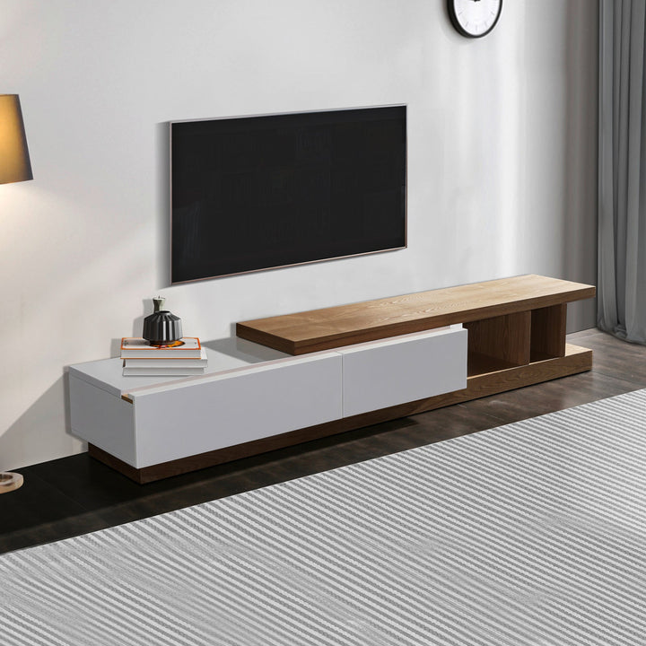 Ashen Glow 220cm High Gloss TV Cabinet – 2 Drawers | White Ash, Fully Assembled - Greenora Living