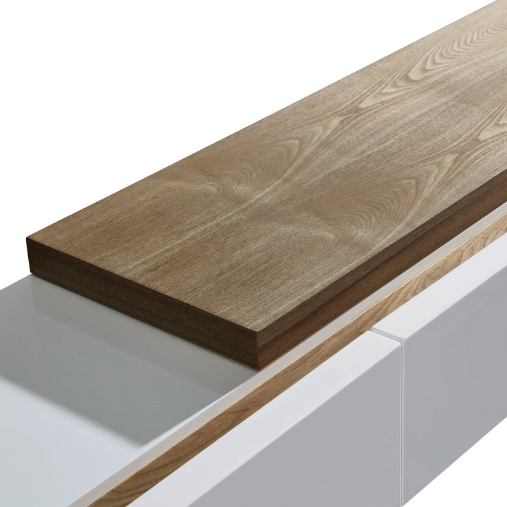 Ashen Glow 220cm High Gloss TV Cabinet – 2 Drawers | White Ash, Fully Assembled - Greenora Living