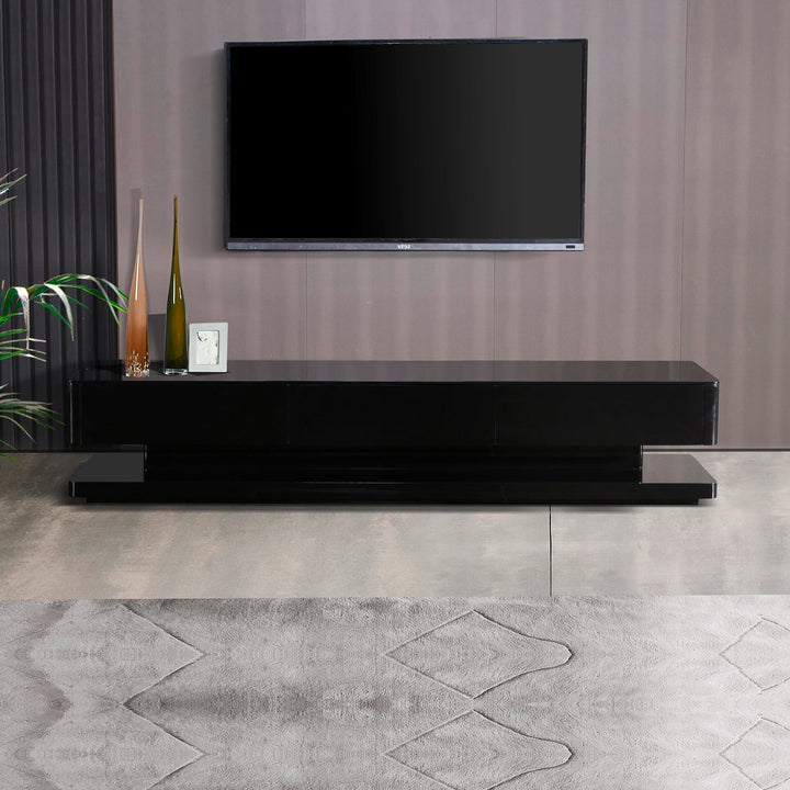 Obsidian 200cm High Gloss TV Cabinet – 3 Drawers &amp; Tempered Glass Top | Black, Fully Assembled - Greenora Living