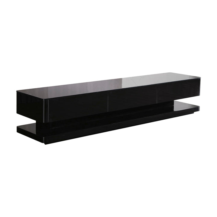 Obsidian 200cm High Gloss TV Cabinet – 3 Drawers &amp; Tempered Glass Top | Black, Fully Assembled - Greenora Living
