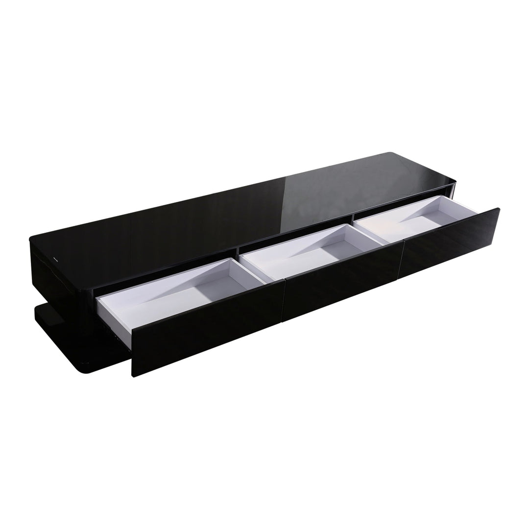 Obsidian 200cm High Gloss TV Cabinet – 3 Drawers &amp; Tempered Glass Top | Black, Fully Assembled - Greenora Living