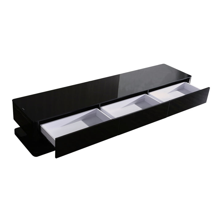 Obsidian 200cm High Gloss TV Cabinet – 3 Drawers &amp; Tempered Glass Top | Black, Fully Assembled - Greenora Living
