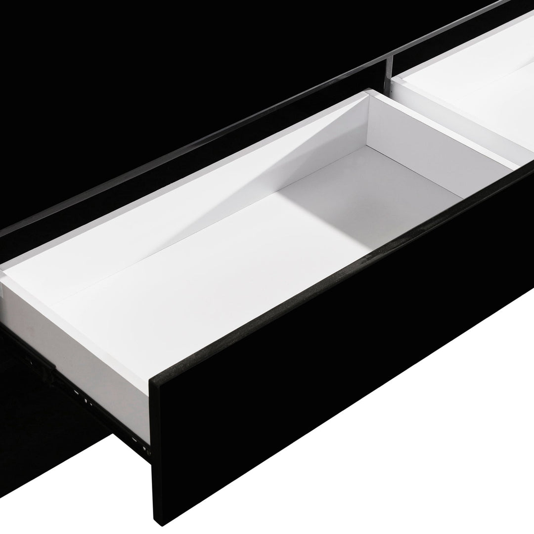 Obsidian 200cm High Gloss TV Cabinet – 3 Drawers &amp; Tempered Glass Top | Black, Fully Assembled - Greenora Living